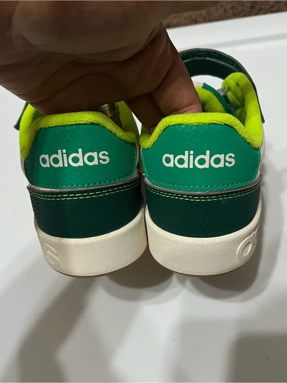 Adidas BREAKBASE SHOES KIDS White & Dark Green Sneakers with Neon Lime. Sz-3